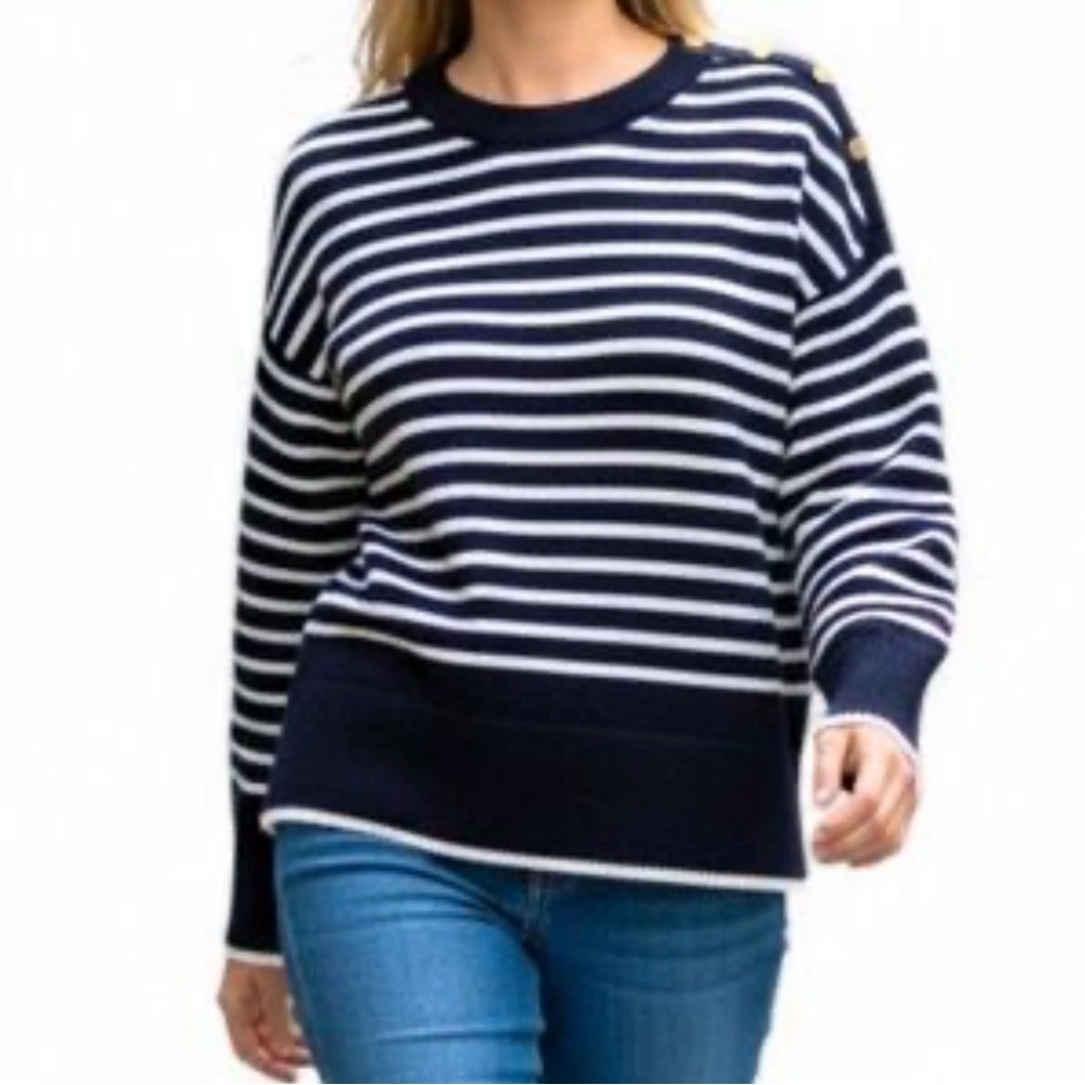 Magaschoni Striped Knit Sweater Navy blue white with Gold Shoulder Buttons XL